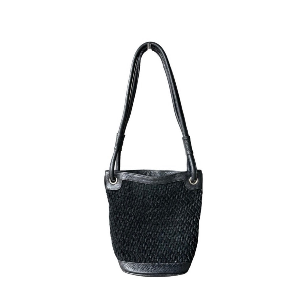 Christopher Kon Shoulder Bag Purse Black Woven Suede Pebbled Leather Bucket